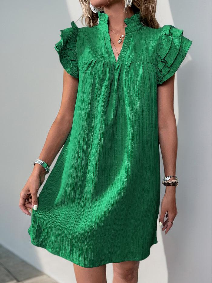 Allegra K Notch Neck Ruffled Sleeves Solid Color Dress