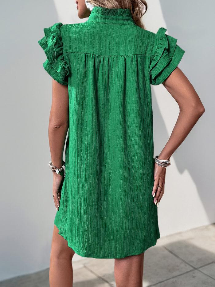 Allegra K Notch Neck Ruffled Sleeves Solid Color Dress