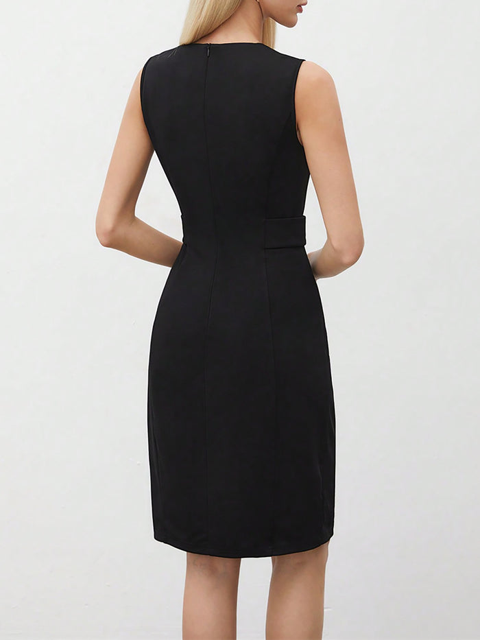 Allegra K Notch Neck Sleeveless Button Decor Sheath Dress