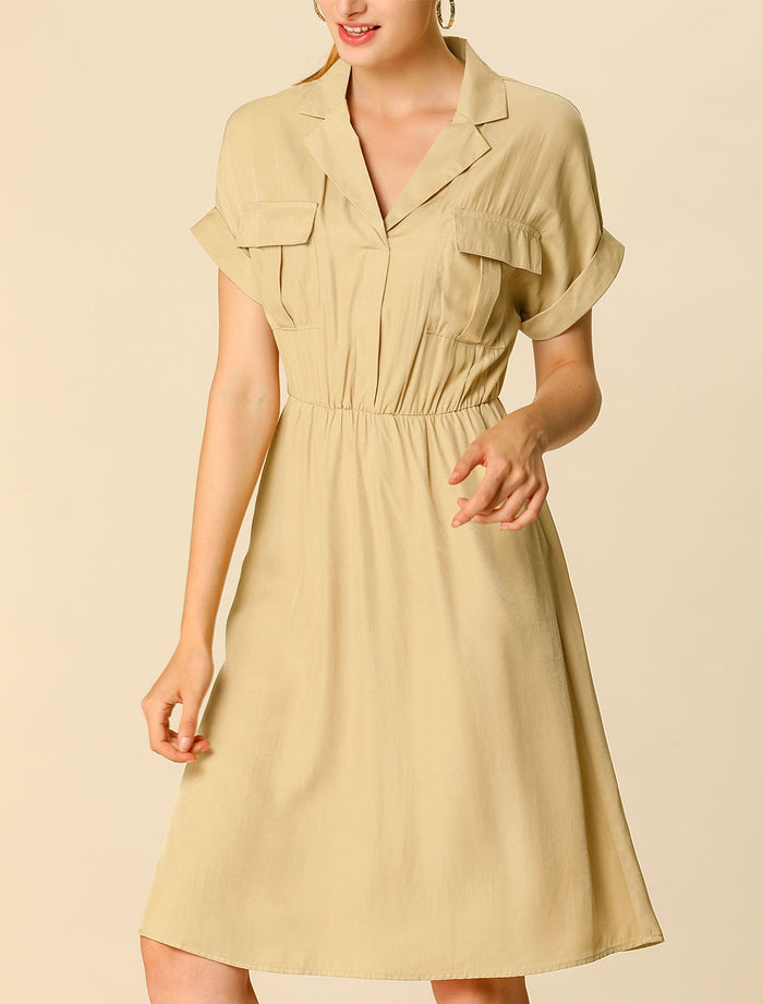 Allegra K Notched Lapel Elastic Waist Pocket A-Line Safari Shirt Dress
