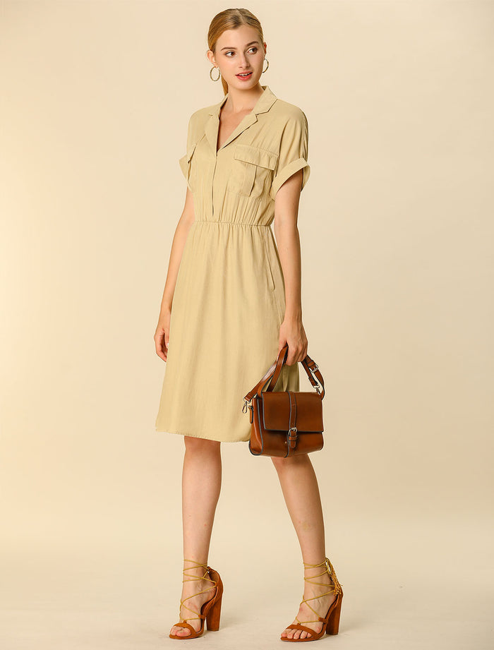 Allegra K Notched Lapel Elastic Waist Pocket A-Line Safari Shirt Dress
