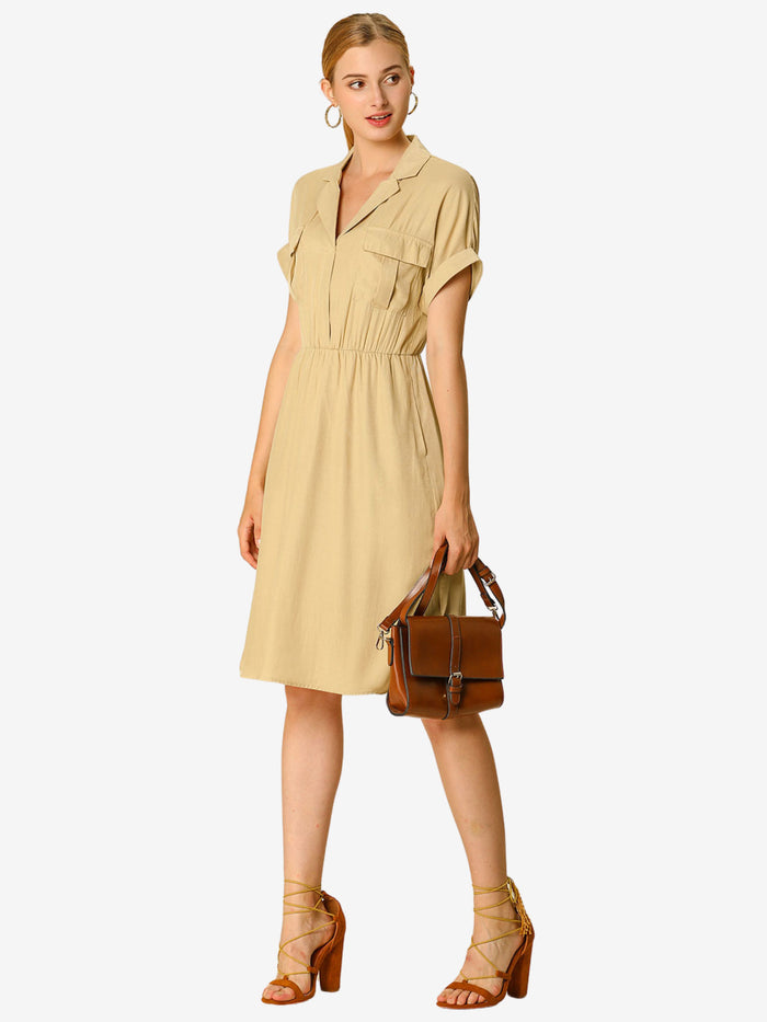 allegra k Notched Lapel Elastic Waist Pocket A-Line Safari Shirt Dress