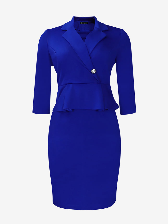 Allegra K Notched Lapel Peplum 3/4 Sleeves Midi Sheath Dress