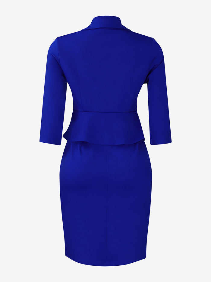 Allegra K Notched Lapel Peplum 3/4 Sleeves Midi Sheath Dress
