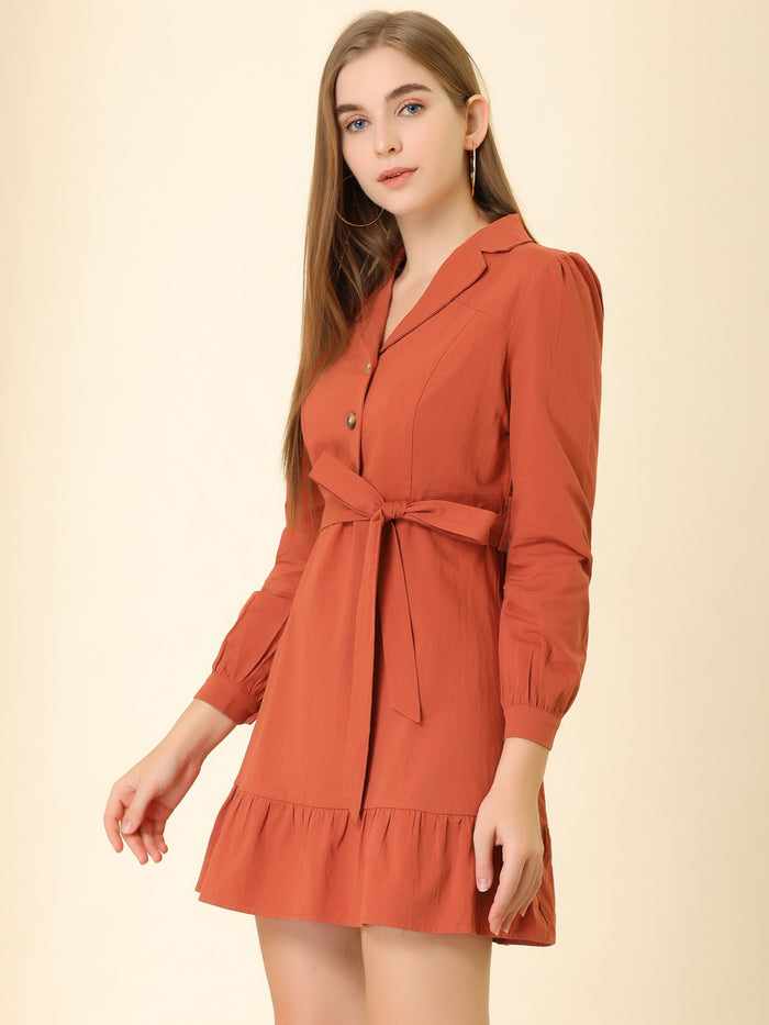 Allegra K Notched Lapel V Neck Tie Waist Solid Ruffle Hem Mini Dress