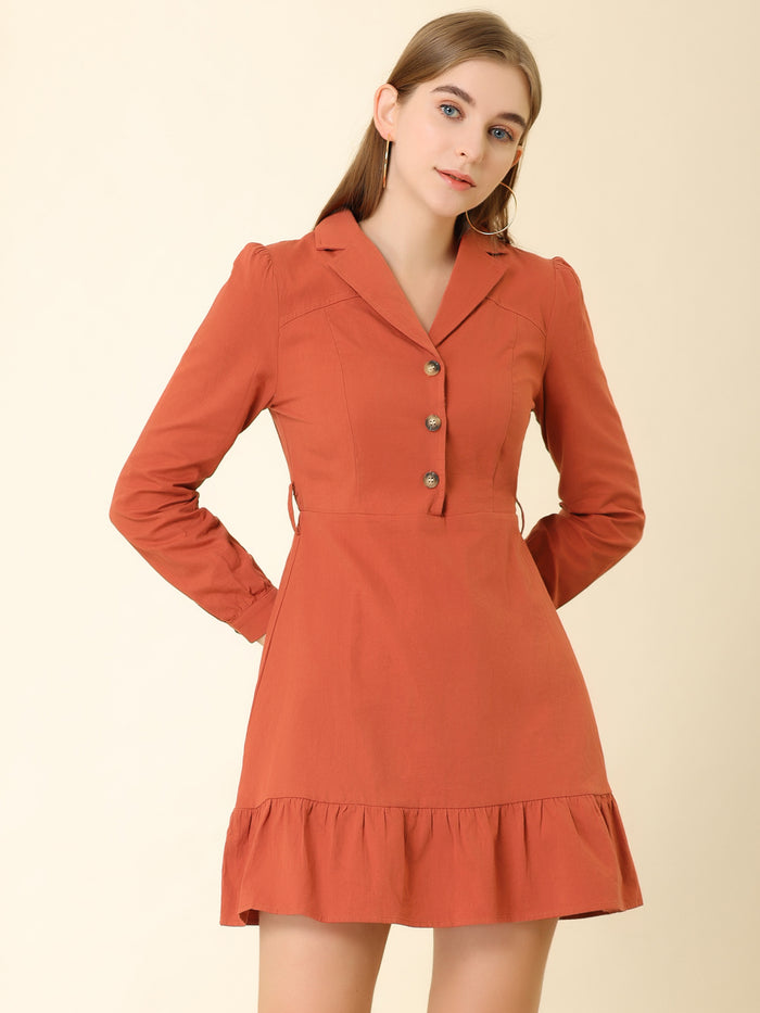 Allegra K Notched Lapel V Neck Tie Waist Solid Ruffle Hem Mini Dress