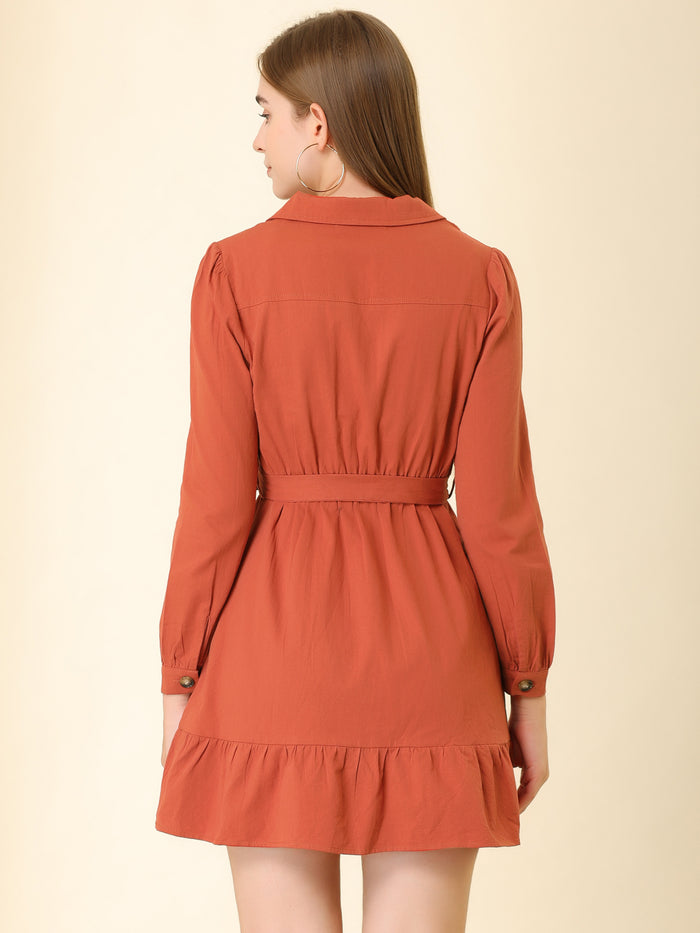 Allegra K Notched Lapel V Neck Tie Waist Solid Ruffle Hem Mini Dress