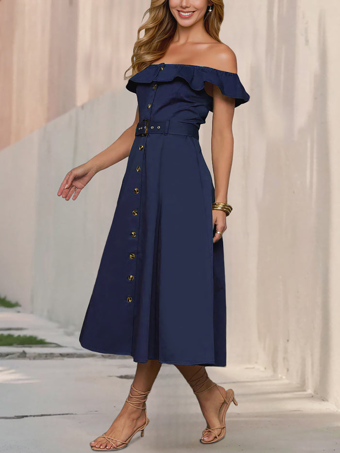 Allegra K Off Shoulder Button Down Belted A-Line Dress
