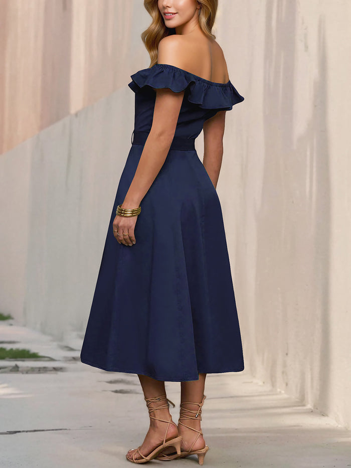 Allegra K Off Shoulder Button Down Belted A-Line Dress