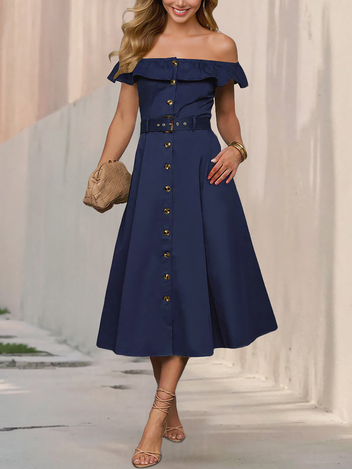 Allegra K Off Shoulder Button Down Belted A-Line Dress