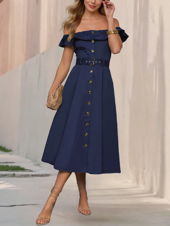 allegra k Off Shoulder Button Down Belted A-Line Dress