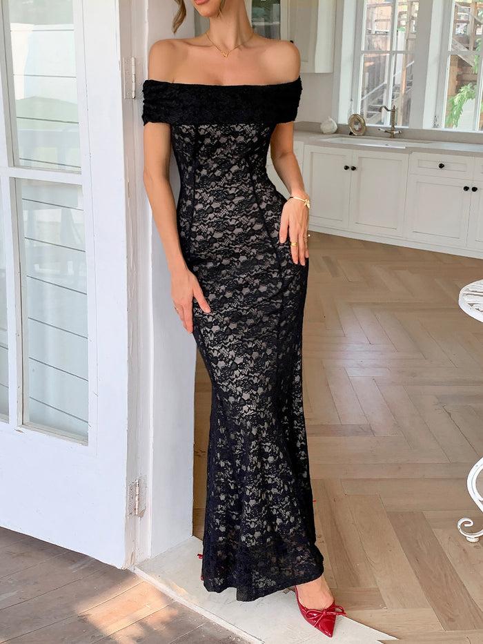 allegra k Off Shoulder Lace Bodycon Fishtail Maxi Dress