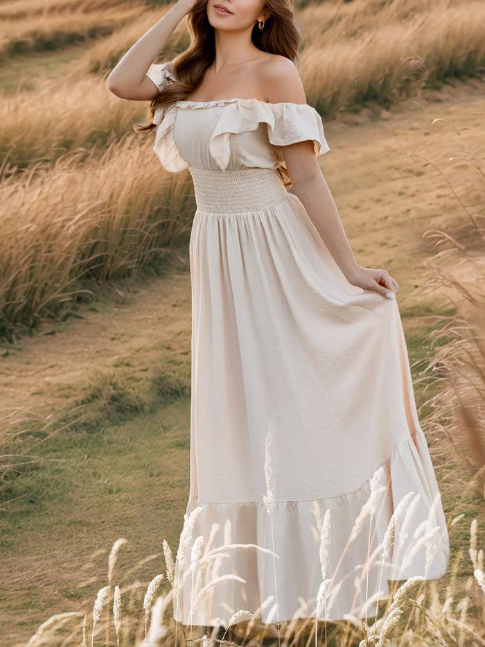 Allegra K Off Shoulder Ruffled Solid Color Maxi Dress