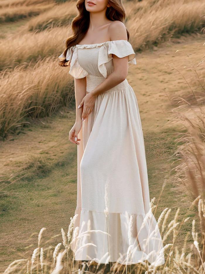 Allegra K Off Shoulder Ruffled Solid Color Maxi Dress