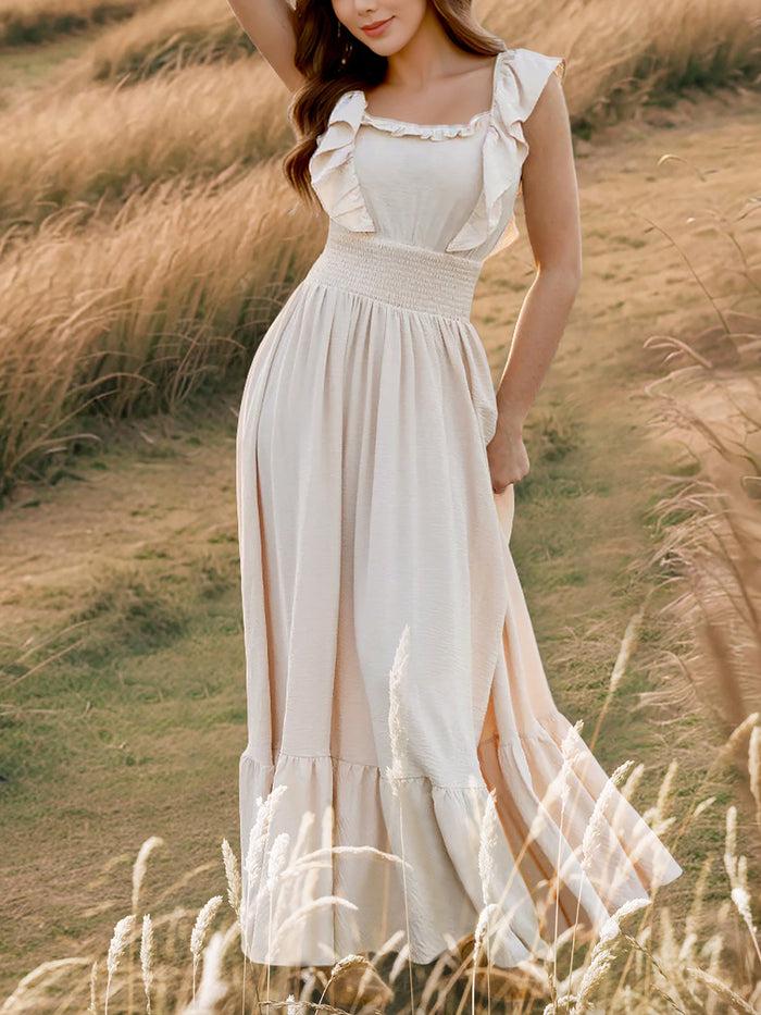 Allegra K Off Shoulder Ruffled Solid Color Maxi Dress