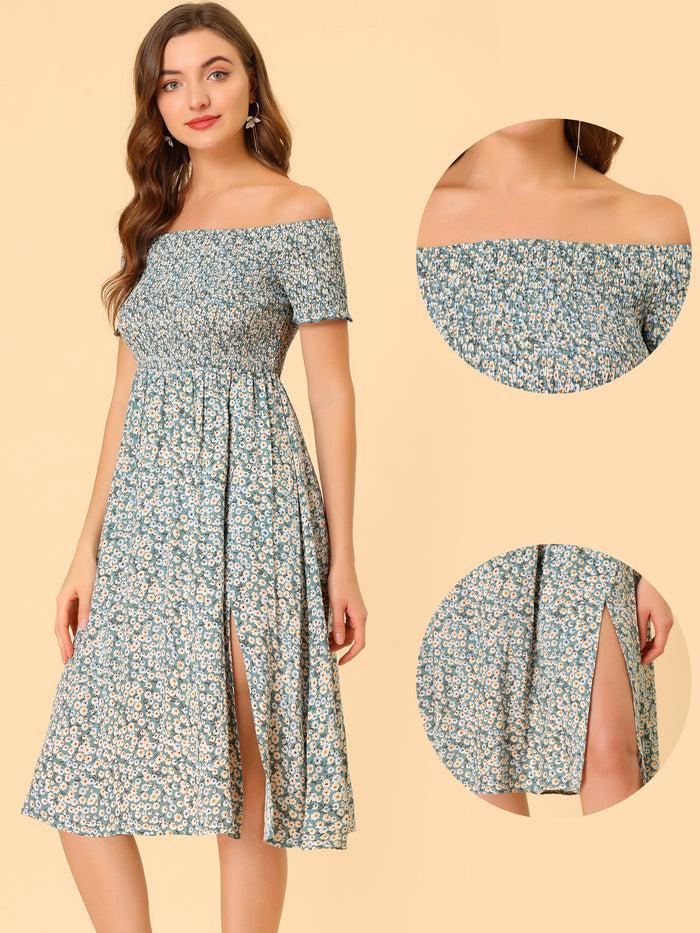 Allegra K Off Shoulder Smocked Summer Short Sleeve Split Midi Floral Dress
