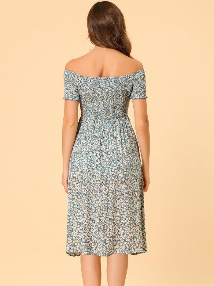 Allegra K Off Shoulder Smocked Summer Short Sleeve Split Midi Floral Dress