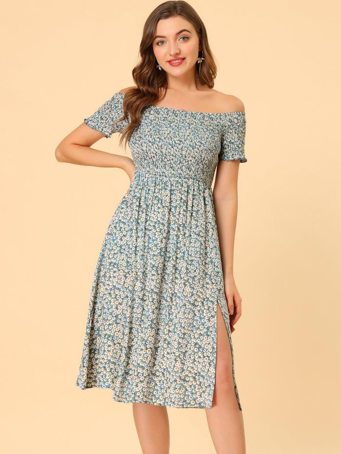 allegra k Off Shoulder Smocked Summer Short Sleeve Split Midi Floral Dress