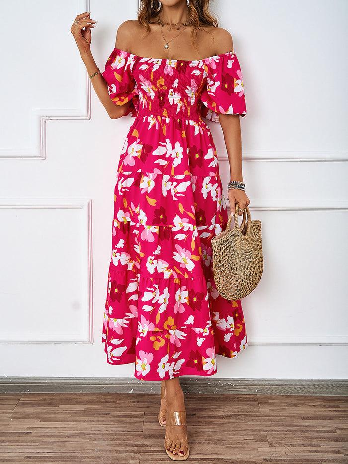 Allegra K Off Shoulder Smocked Tiered Floral Midi Dress