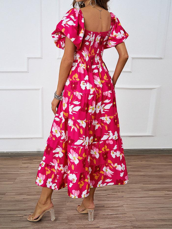 Allegra K Off Shoulder Smocked Tiered Floral Midi Dress