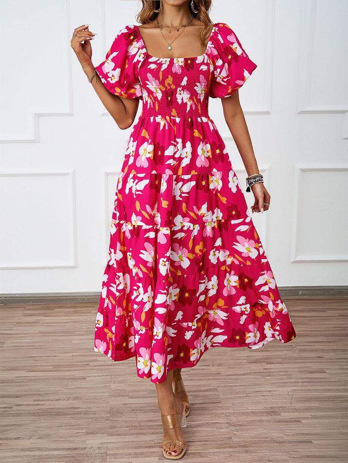 allegra k Off Shoulder Smocked Tiered Floral Midi Dress