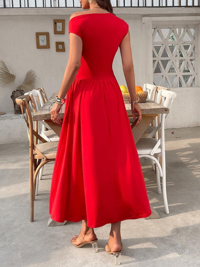 Allegra K Off Shoulder Solid Color Pocketed Midi Dress