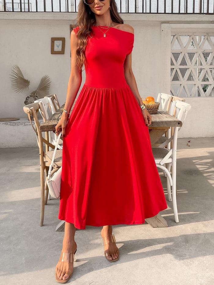 Allegra K Off Shoulder Solid Color Pocketed Midi Dress