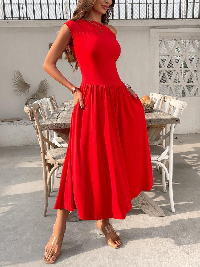 Allegra K Off Shoulder Solid Color Pocketed Midi Dress