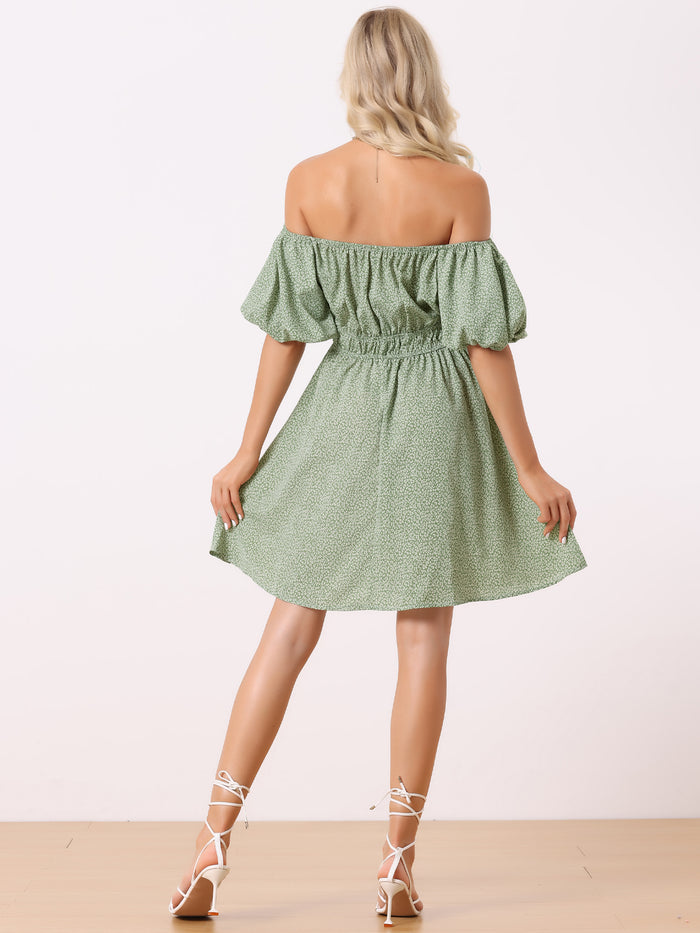 Allegra K Off T Shoulder Casual Puff Sleeve Mini Floral Dress
