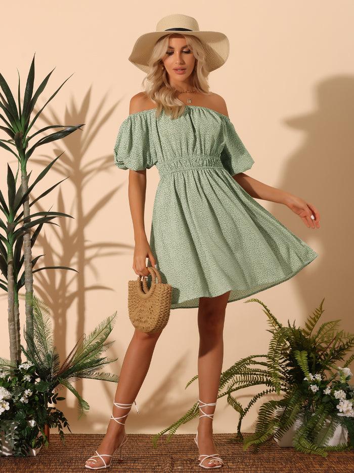 allegra k Off t Shoulder Casual Puff Sleeve Mini Floral Dress