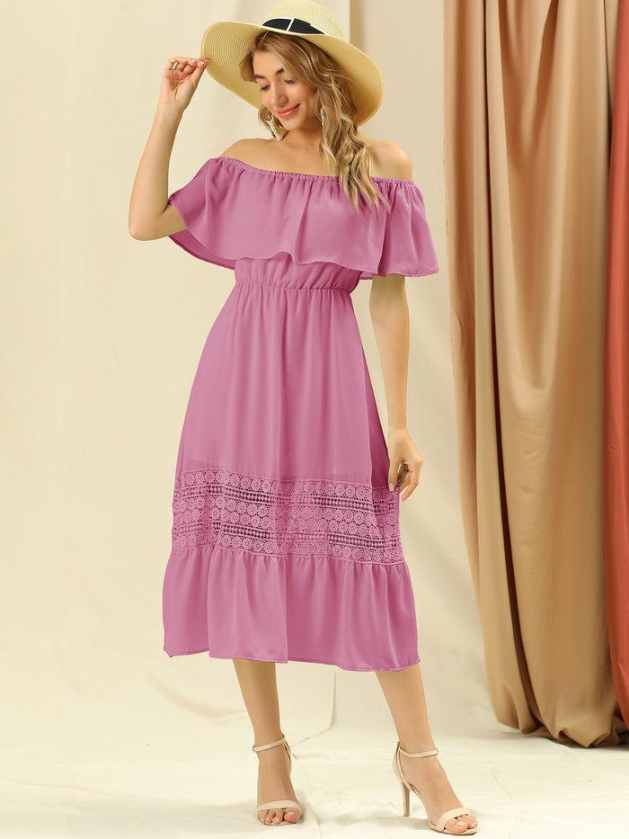 Allegra K Off The Shoulder Ruffle Lace Insert Beach Party Midi Dress