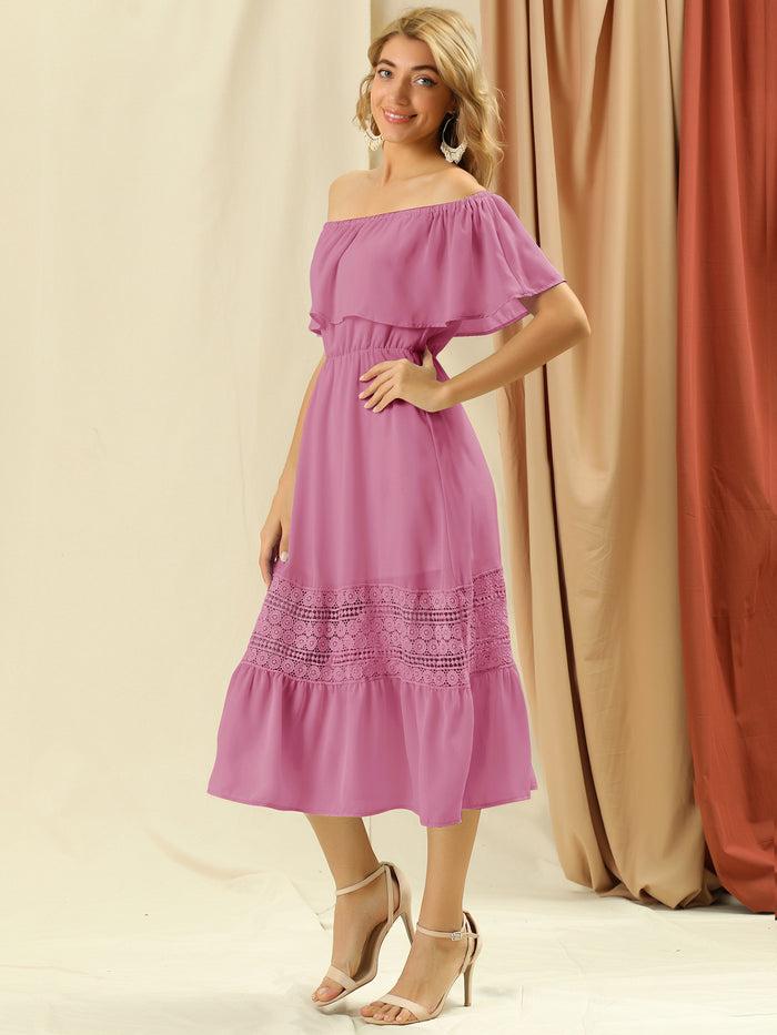 Allegra K Off The Shoulder Ruffle Lace Insert Beach Party Midi Dress