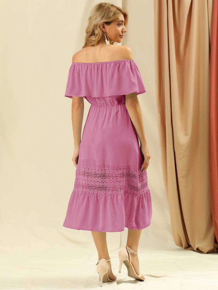 Allegra K Off The Shoulder Ruffle Lace Insert Beach Party Midi Dress