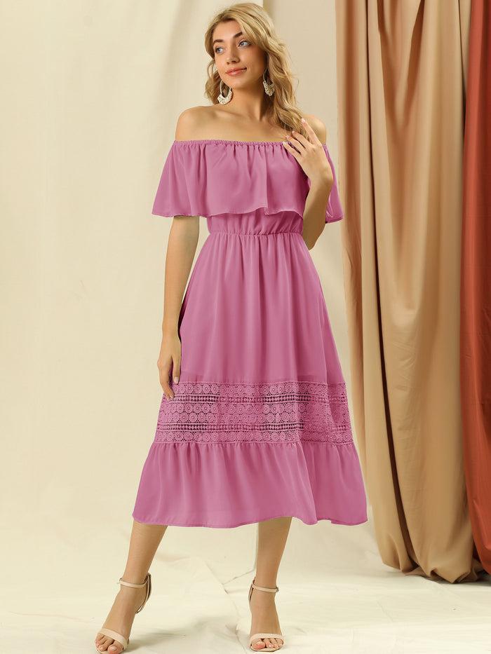 allegra k Off The Shoulder Ruffle Lace Insert Beach Party Midi Dress