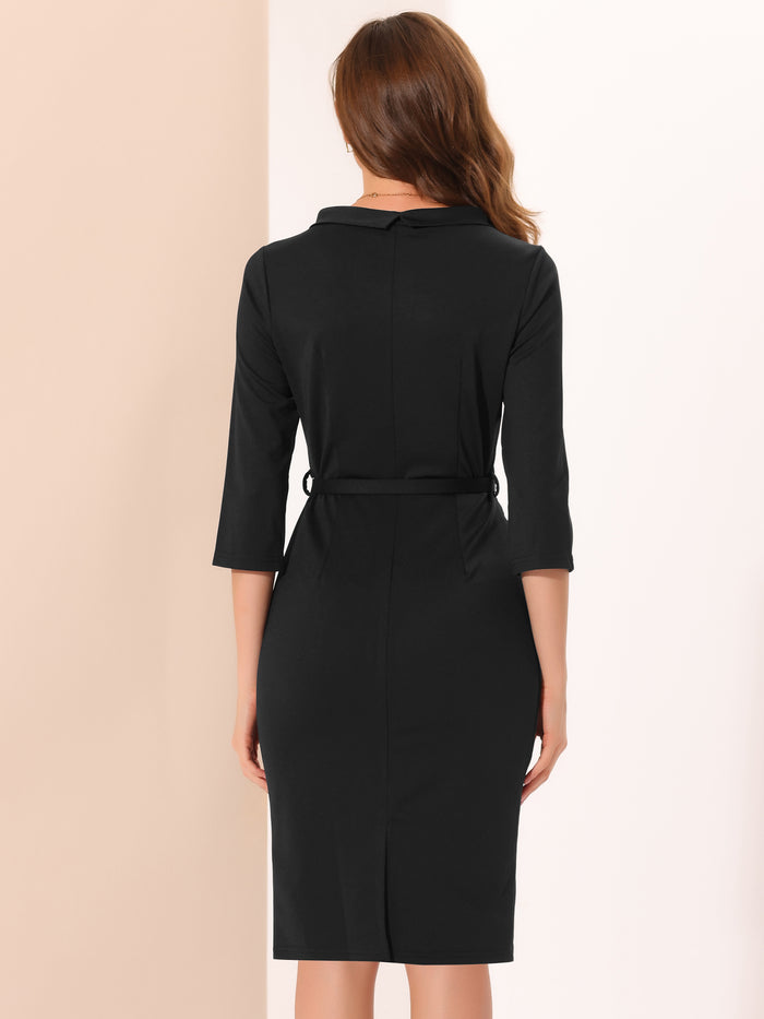 Allegra K Office 3/4 Sleeves Belted Mock Neck Pencil Midi Dress
