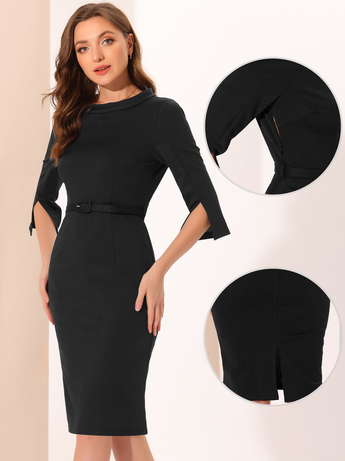 allegra k Office 3/4 Sleeves Belted Mock Neck Pencil Midi Dress