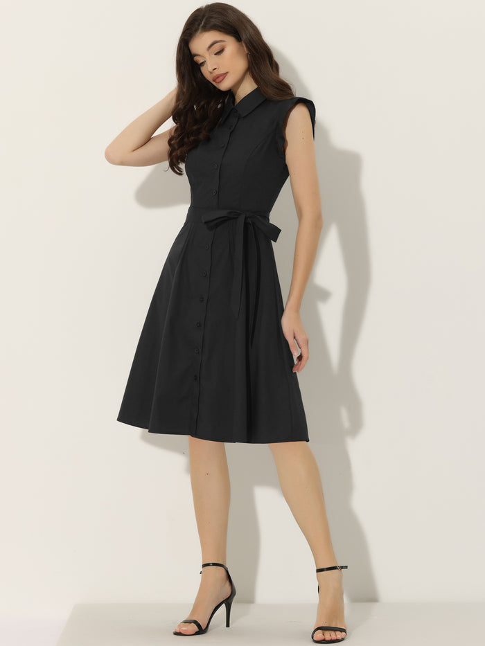 Allegra K Office Ruffled Sleeve Belted Cotton Button Midi Shirt Dress