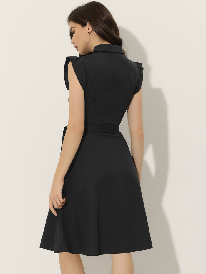 Allegra K Office Ruffled Sleeve Belted Cotton Button Midi Shirt Dress