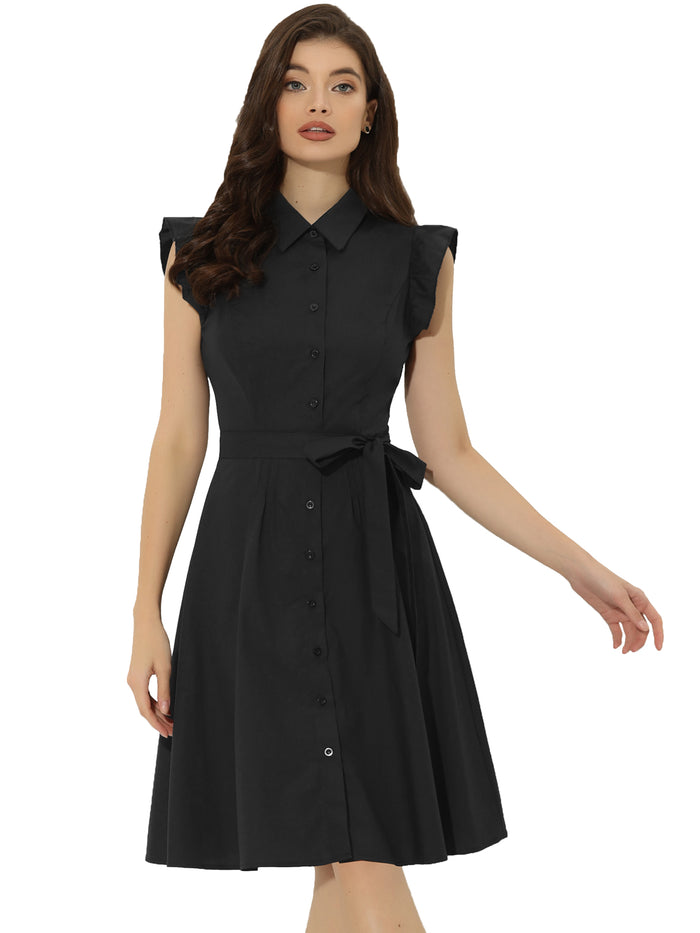 Allegra K Office Ruffled Sleeve Belted Cotton Button Midi Shirt Dress
