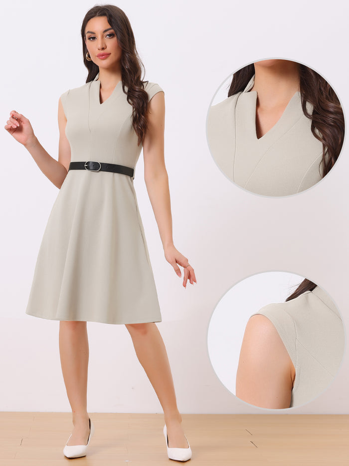 Allegra K Office V Neck Work Sleeveless A-line Midi Solid Belted Dress