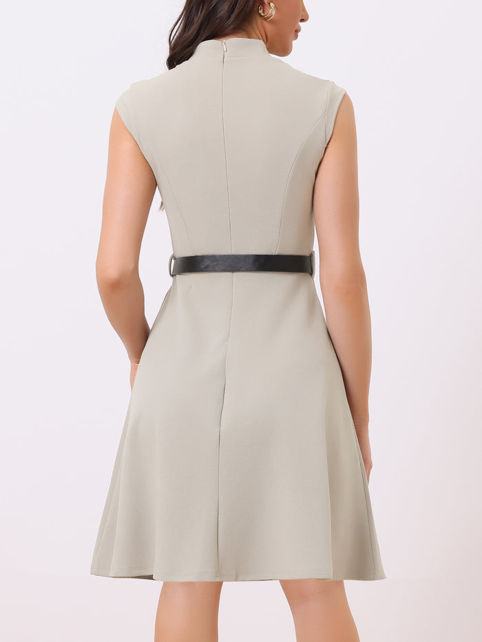 Allegra K Office V Neck Work Sleeveless A-line Midi Solid Belted Dress