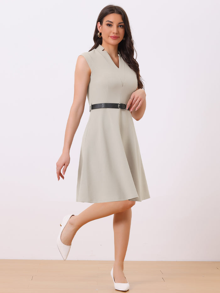 allegra k Office V Neck Work Sleeveless A-line Midi Solid Belted Dress