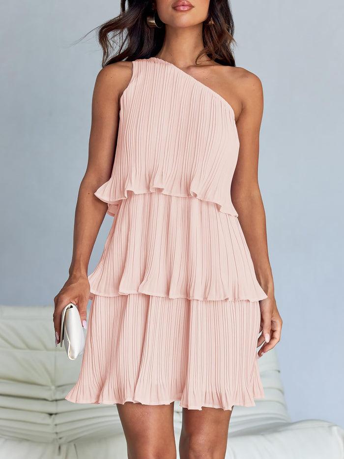 allegra k One Shoulder Pleated Ruffled Tiered Mini Dress