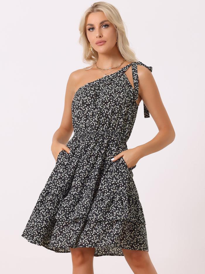 Allegra K One Shoulder Ruffle Tiered Floral Mini Dress Sundress