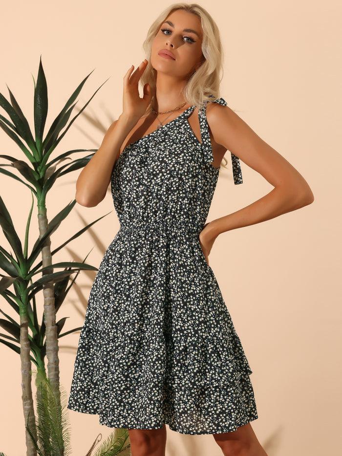allegra k One Shoulder Ruffle Tiered Floral Mini Dress Sundress