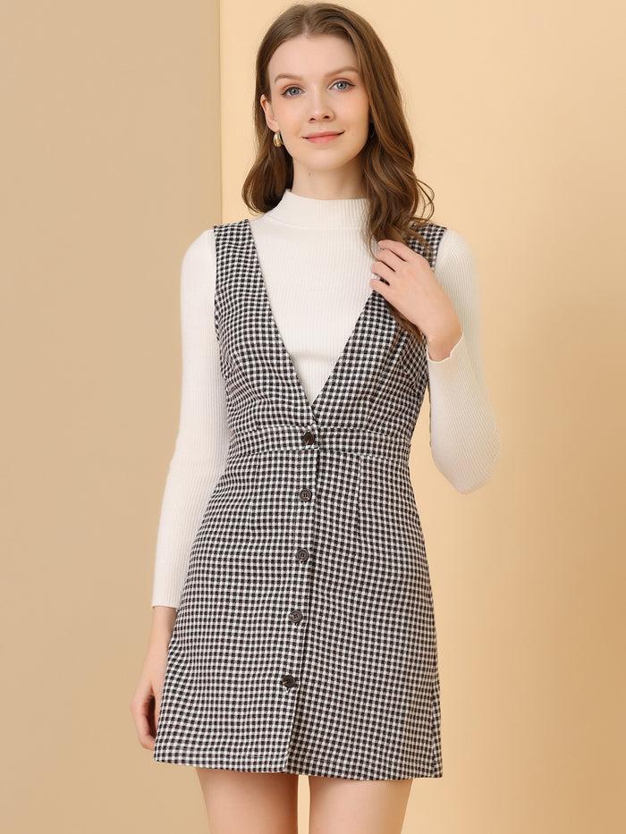 Allegra K Overalls Suspenders V Neck Plaid Houndstooth Pinafore Dress