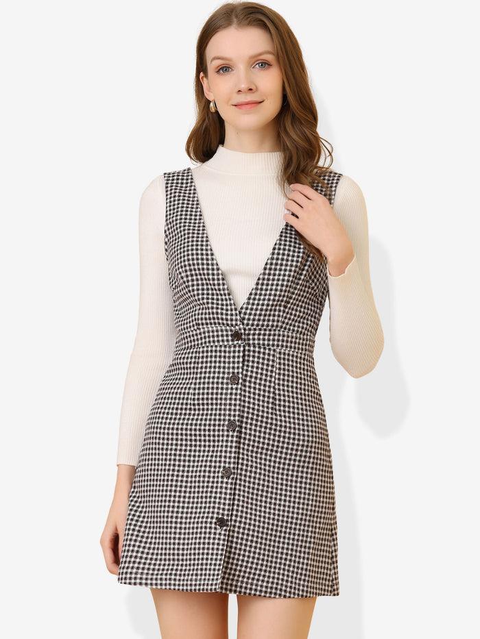 allegra k Overalls Suspenders V Neck Plaid Houndstooth Pinafore Dress