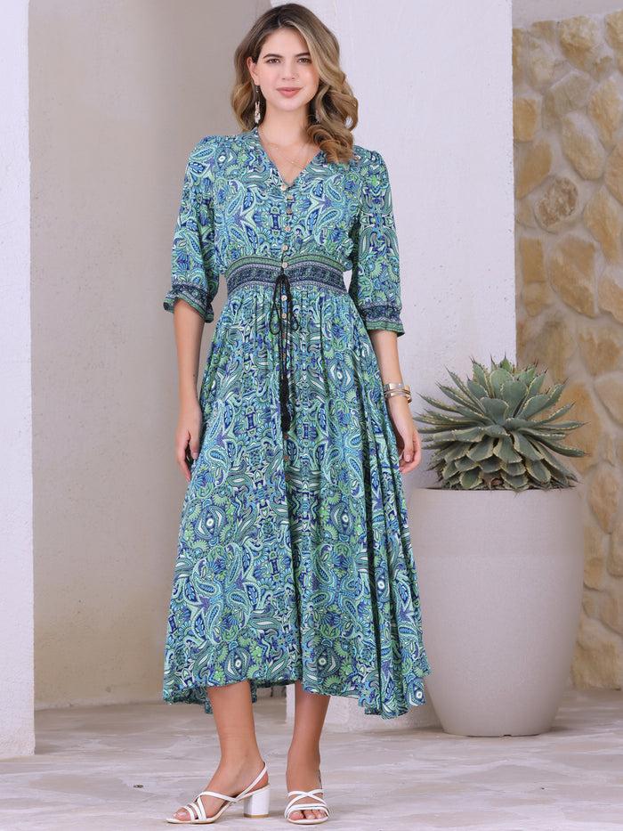 Allegra K Paisley Boho Smocked 3/4 Sleeves Floral Midi Dress