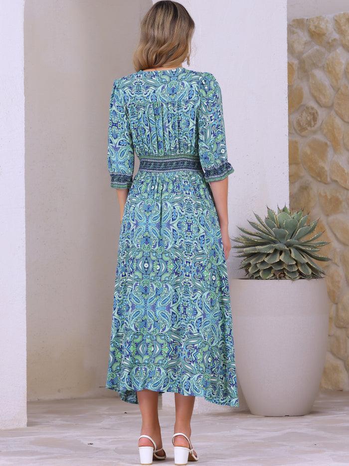 Allegra K Paisley Boho Smocked 3/4 Sleeves Floral Midi Dress