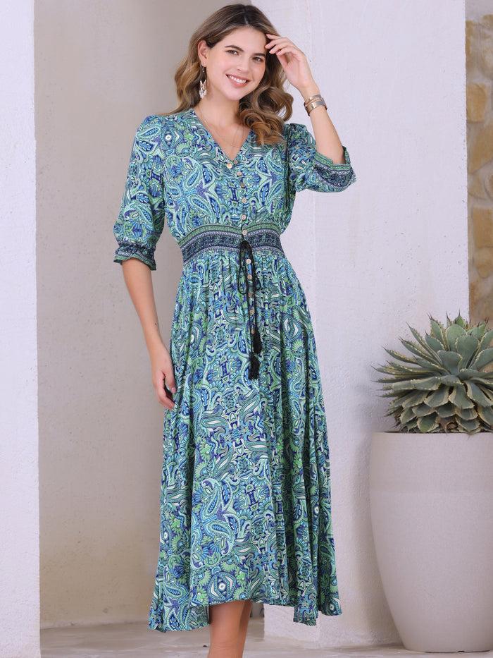 allegra k Paisley Boho Smocked 3/4 Sleeves Floral Midi Dress